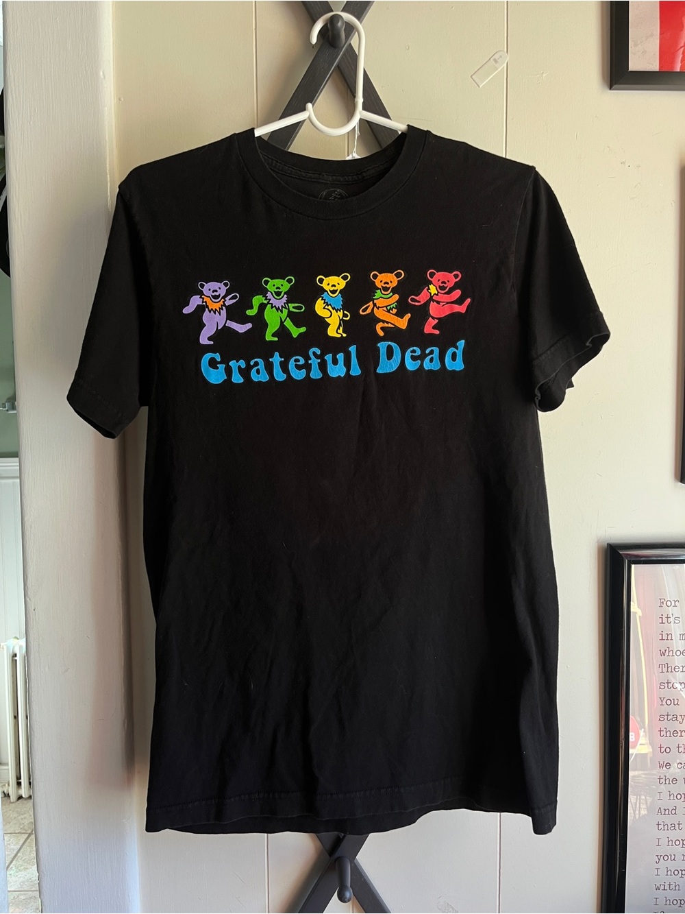 Grateful Dead Black T-Shirt with Rainbow Dancing Bears and Blue Logo